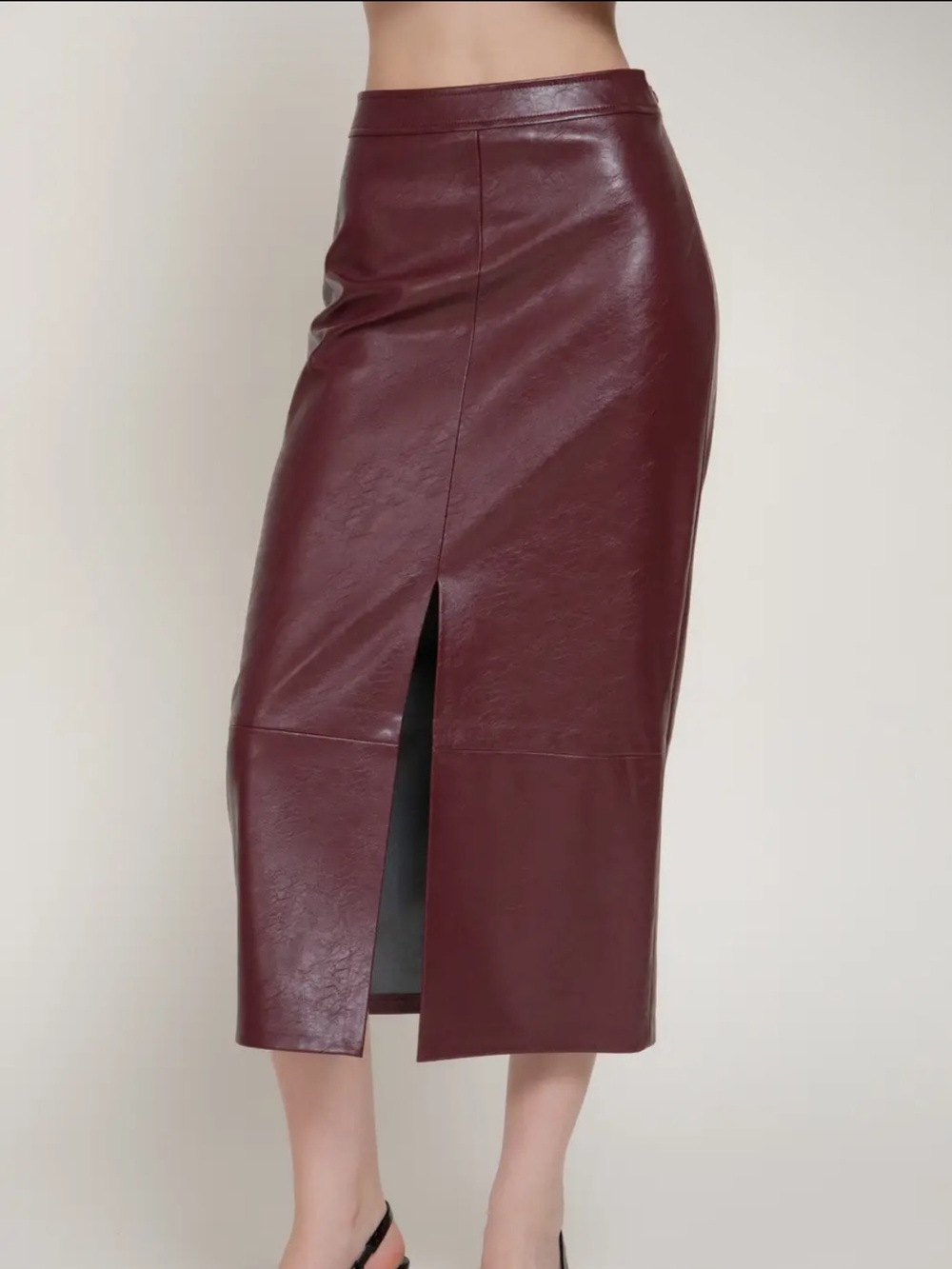 A538. Faux Leather Midi Pencil Skirt - Wine